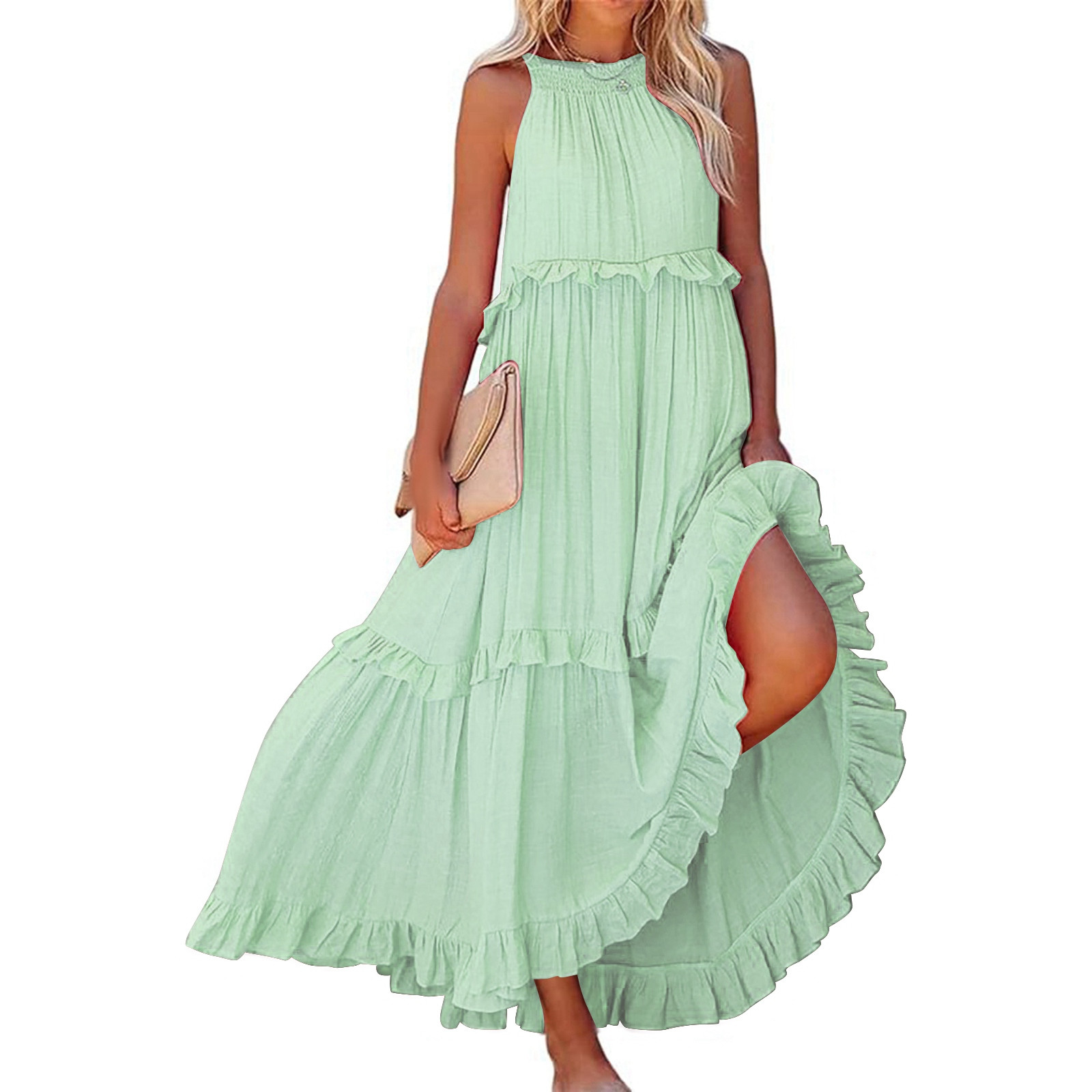 thumbnail image 3 of 2025 Vestido largo sin mangas para mujer, vestido de playa informal con volantes fluidos, vestido de poliéster de cintura alta, tallas S-XXL, 3 of 8